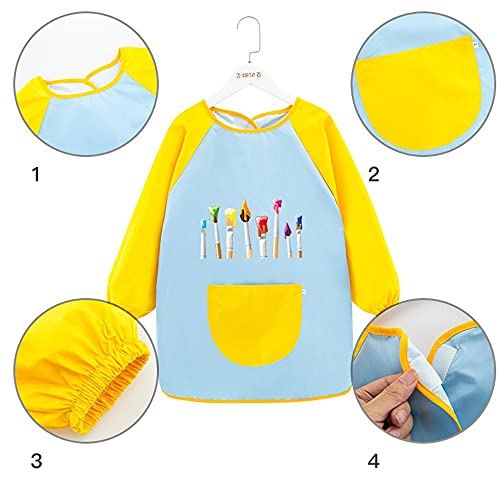 GLBS Azul-Amarillo Cepillo Manga Larga Manga A Prueba De Agua Pintura For Niños Delantal con Bolsillos Puños Elásticos Volver Pasta Diseño Smock For Niños De 2 A 13 Años De Años