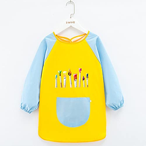 GLBS Azul-Amarillo Cepillo Manga Larga Manga A Prueba De Agua Pintura For Niños Delantal con Bolsillos Puños Elásticos Volver Pasta Diseño Smock For Niños De 2 A 13 Años De Años