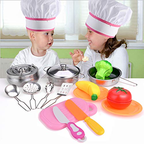 GOLDGE 24 PCS Niños Juguetes de Cocina Acero Inoxidable Utensilios de Cocina Culinario Mini Cocina de Juguete de Acero Inoxidable Cocina Play House