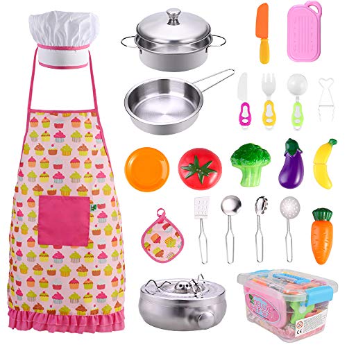 GOLDGE 24 PCS Niños Juguetes de Cocina Acero Inoxidable Utensilios de Cocina Culinario Mini Cocina de Juguete de Acero Inoxidable Cocina Play House