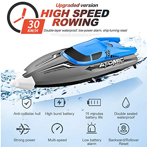 Goolsky Barco RC Control Remoto Barco 30KM / H IPV7 de Alta Velocidad Impermeable 2.4GHz Barco de Carreras de 4 Canales para Niños Adultos (Azul, 3 Batería)