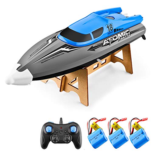 Goolsky Barco RC Control Remoto Barco 30KM / H IPV7 de Alta Velocidad Impermeable 2.4GHz Barco de Carreras de 4 Canales para Niños Adultos (Azul, 3 Batería)