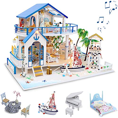 GuDoQi Casa de Muñecas de Madera DIY, Miniatura de la Casa de Muñecas con Muebles y Música, Modelo de Mini Apartamento Hecho a Mano, Blue Sea Legend