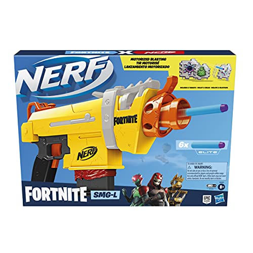 Hasbro Nerf Fortnite SMG-L - Blaster motorizado - Contiene 3 Objetivos - con Cargador de 6 Dardos y 6 Dardos Nerf Elite