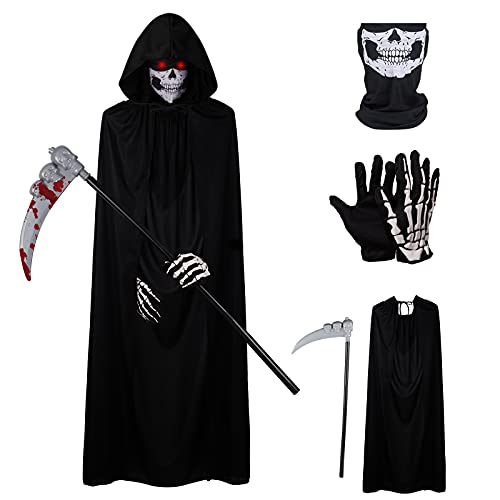 Herefun Disfraz de Fantasma Halloween, Capa con Capucha Disfraz Halloween, Disfraz Fantasma Niño, Esqueleto Halloween Cosplay Carnaval Disfraz Danza Fiesta para Adulto Mujeres Hombres