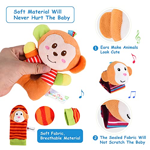 Herefun Sonajeros de Muñeca Bebe, 4 Piezas Sonajero Calcetines y Muñequeras para Bebé, Sonajeros Suave para Bebé, Juguetes de Peluches de Desarrollo para Bebés para Regalo 0-12 Meses Recién Nacido