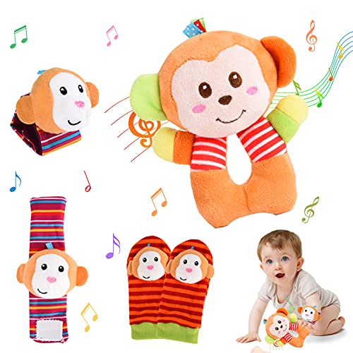 Herefun Sonajeros de Muñeca Bebe, 4 Piezas Sonajero Calcetines y Muñequeras para Bebé, Sonajeros Suave para Bebé, Juguetes de Peluches de Desarrollo para Bebés para Regalo 0-12 Meses Recién Nacido