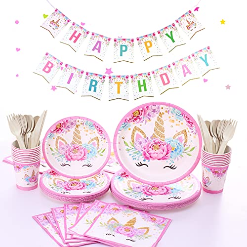 Himeland Cumpleaños Unicornio para Niñas, Platos Desechables Vasos Pajitas Servilletas Mantel Gorro Bolsas Guirnalda Fondo Globos Fiesta Unicornios Decoración16 Invitados