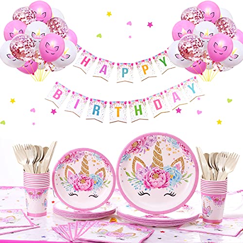 Himeland Cumpleaños Unicornio para Niñas, Platos Desechables Vasos Pajitas Servilletas Mantel Gorro Bolsas Guirnalda Fondo Globos Fiesta Unicornios Decoración16 Invitados