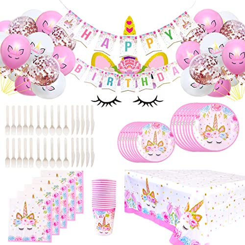 Himeland Cumpleaños Unicornio para Niñas, Platos Desechables Vasos Pajitas Servilletas Mantel Gorro Bolsas Guirnalda Fondo Globos Fiesta Unicornios Decoración16 Invitados