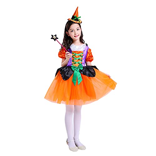 HINK Disfraz de fiesta de Halloween para niñas pequeñas de 12-13 años vestido de cosplay + sombrero + trajes de palo conjunto de trajes para niñas