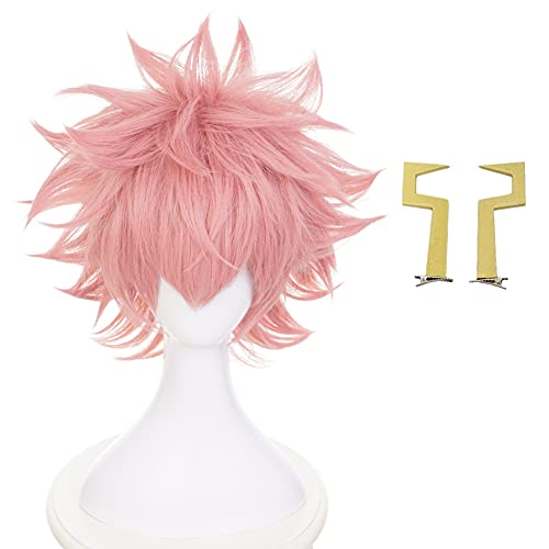 HIROAKIYA Pinky Mina Ashido Wig, MHA My Hero Academia Pinky Mina Ashido Cosplay Wig with Horns & Wig Cap, Peluca Rosa Corta Cosplay Anime