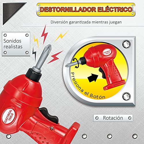 HOMCOM Banco de Herramientas para Niños de +3 Años Incluye 55 Piezas con Destornillador Eléctrico Llave Inglesa Alicates Juguete de Aprendizaje 69x26,5x75 cm Multicolor