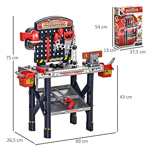 HOMCOM Banco de Herramientas para Niños de +3 Años Incluye 55 Piezas con Destornillador Eléctrico Llave Inglesa Alicates Juguete de Aprendizaje 69x26,5x75 cm Multicolor