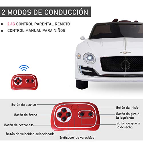 HOMCOM Coche Eléctrico para Niños 2 Modos de Control con Música Faros Brillantes Retroceder Bentley GT Licencia +3 Años Automóvil Infantil 108x60x43 cm Blanco