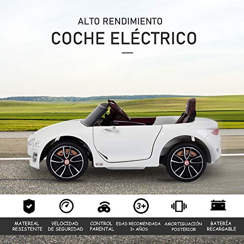 HOMCOM Coche Eléctrico para Niños 2 Modos de Control con Música Faros Brillantes Retroceder Bentley GT Licencia +3 Años Automóvil Infantil 108x60x43 cm Blanco