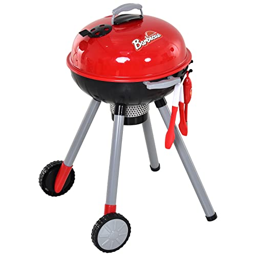 HOMCOM Juego de Barbacoa para Niños Mayores de 3 Años Juguete de Simulación BBQ de Carbón con Accesorios de 39 Piezas Luz y Sonido 34,5x37x56 cm Rojo