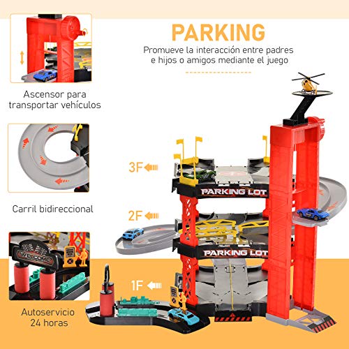 HOMCOM Juego de Garaje Infantil Parking para Niños de +3 Años con 55 Accesorios Incluidos 4 Coches 1 Helicóptero Elevador Funcional 62x52x51 cm Rojo Negro