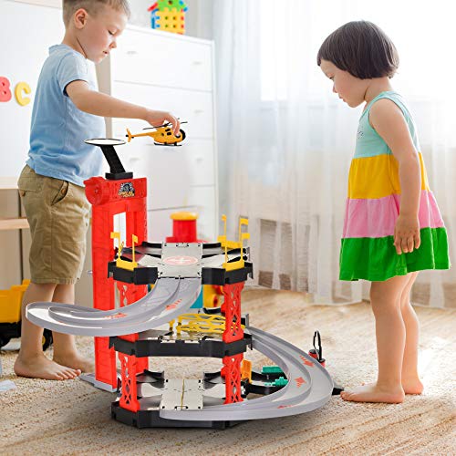 HOMCOM Juego de Garaje Infantil Parking para Niños de +3 Años con 55 Accesorios Incluidos 4 Coches 1 Helicóptero Elevador Funcional 62x52x51 cm Rojo Negro