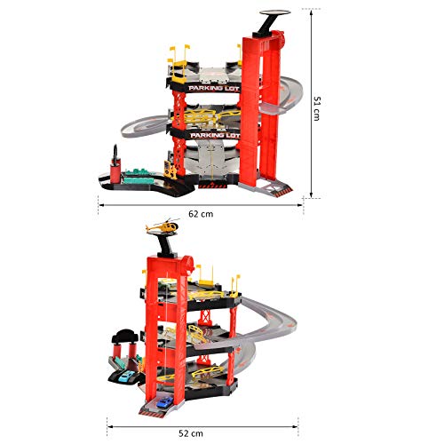 HOMCOM Juego de Garaje Infantil Parking para Niños de +3 Años con 55 Accesorios Incluidos 4 Coches 1 Helicóptero Elevador Funcional 62x52x51 cm Rojo Negro