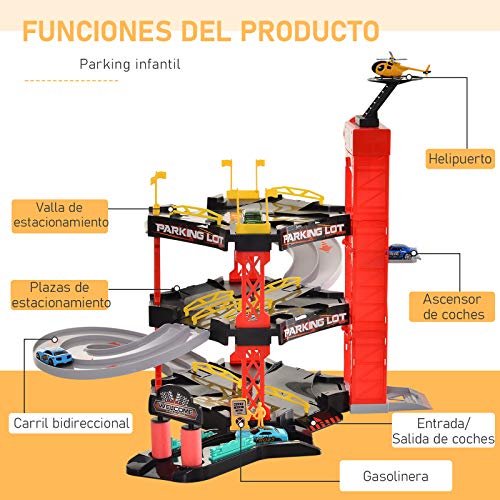 HOMCOM Juego de Garaje Infantil Parking para Niños de +3 Años con 55 Accesorios Incluidos 4 Coches 1 Helicóptero Elevador Funcional 62x52x51 cm Rojo Negro