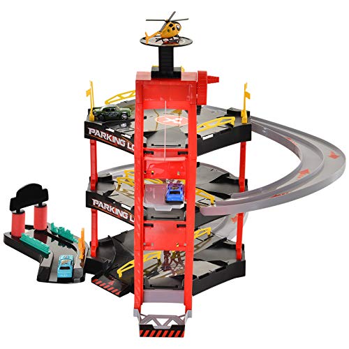 HOMCOM Juego de Garaje Infantil Parking para Niños de +3 Años con 55 Accesorios Incluidos 4 Coches 1 Helicóptero Elevador Funcional 62x52x51 cm Rojo Negro