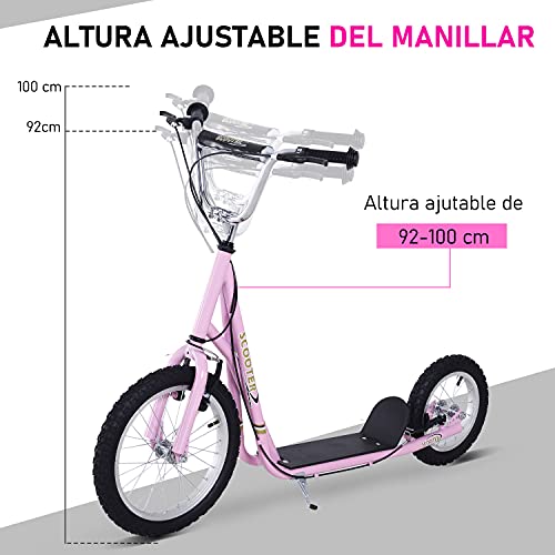 HOMCOM Patinete para Niños Mayores de 5 Años Scooter de 2 Ruedas Grandes con Doble Freno y Manillar Ajustable en Altura para Adolescentes Adultos 135x58x92-100 cm Rosa