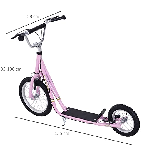 HOMCOM Patinete para Niños Mayores de 5 Años Scooter de 2 Ruedas Grandes con Doble Freno y Manillar Ajustable en Altura para Adolescentes Adultos 135x58x92-100 cm Rosa