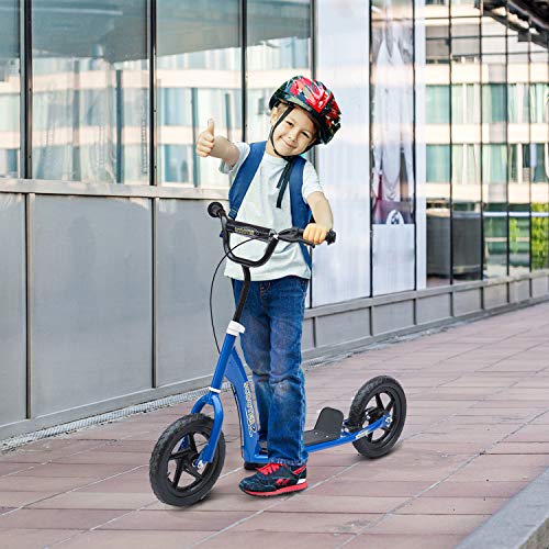 HOMCOM Patinete Scooter 2 Ruedas 12 Pulgadas Monopatín para Niños y Adultos Manillar Ajustable con Freno y Caballete Carga 100kg 120x52x80-88cm Acero