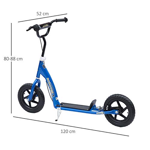 HOMCOM Patinete Scooter 2 Ruedas 12 Pulgadas Monopatín para Niños y Adultos Manillar Ajustable con Freno y Caballete Carga 100kg 120x52x80-88cm Acero