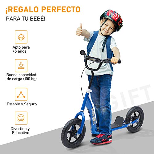 HOMCOM Patinete Scooter 2 Ruedas 12 Pulgadas Monopatín para Niños y Adultos Manillar Ajustable con Freno y Caballete Carga 100kg 120x52x80-88cm Acero