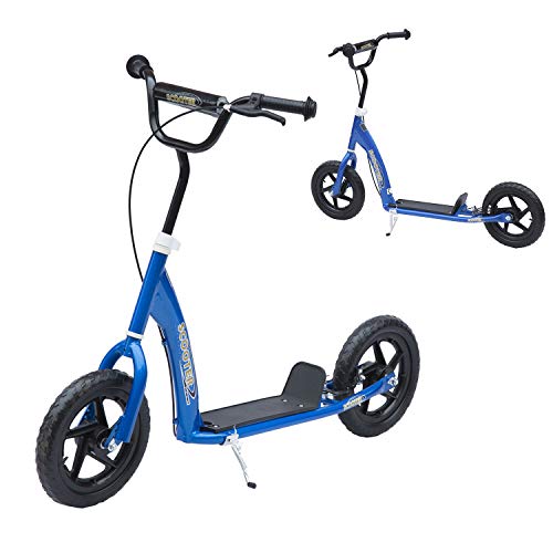 HOMCOM Patinete Scooter 2 Ruedas 12 Pulgadas Monopatín para Niños y Adultos Manillar Ajustable con Freno y Caballete Carga 100kg 120x52x80-88cm Acero