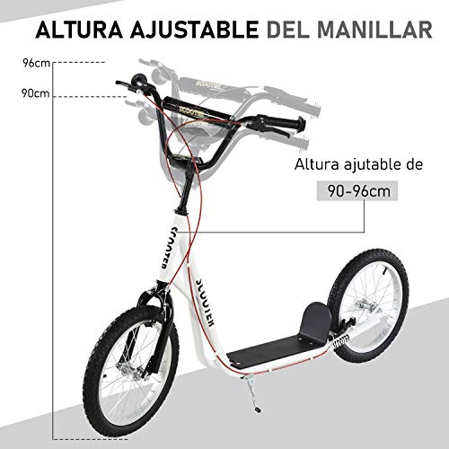 HOMCOM Scooter Patinete para Niños Mayores de 5 Años con Manillar Ajustable en Altura 2 Neumáticos de Caucho Inflable con Doble Freno Carga 100 kg 139x58x90-96 cm Blanco