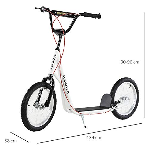 HOMCOM Scooter Patinete para Niños Mayores de 5 Años con Manillar Ajustable en Altura 2 Neumáticos de Caucho Inflable con Doble Freno Carga 100 kg 139x58x90-96 cm Blanco