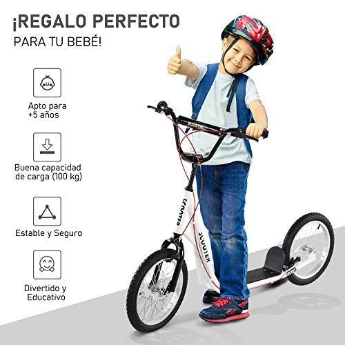 HOMCOM Scooter Patinete para Niños Mayores de 5 Años con Manillar Ajustable en Altura 2 Neumáticos de Caucho Inflable con Doble Freno Carga 100 kg 139x58x90-96 cm Blanco