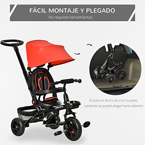 HOMCOM Triciclo Bebé 4 en 1 Bicicleta para Niños 1-5 Años con Asiento Giratorio Capota Ajustable Mango de Empuje Telescópico y Reposapiés Plegable 111,5x52x98 cm Rojo