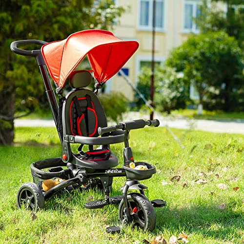 HOMCOM Triciclo Bebé 4 en 1 Bicicleta para Niños 1-5 Años con Asiento Giratorio Capota Ajustable Mango de Empuje Telescópico y Reposapiés Plegable 111,5x52x98 cm Rojo