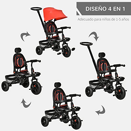 HOMCOM Triciclo Bebé 4 en 1 Bicicleta para Niños 1-5 Años con Asiento Giratorio Capota Ajustable Mango de Empuje Telescópico y Reposapiés Plegable 111,5x52x98 cm Rojo