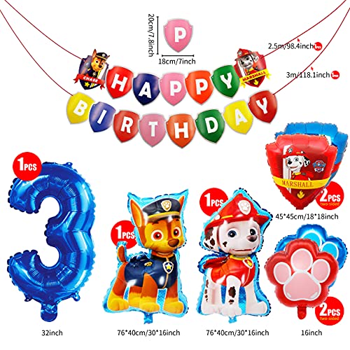 HONGECB Globos de Patrulla Canina, Suministros de fiesta de Patrulla Canina, Banner de Happy Birthday, Numeros 3 Decoracion, Perros Foil Helio Balloons for Kids Gift Fiesta, 9 Piezas