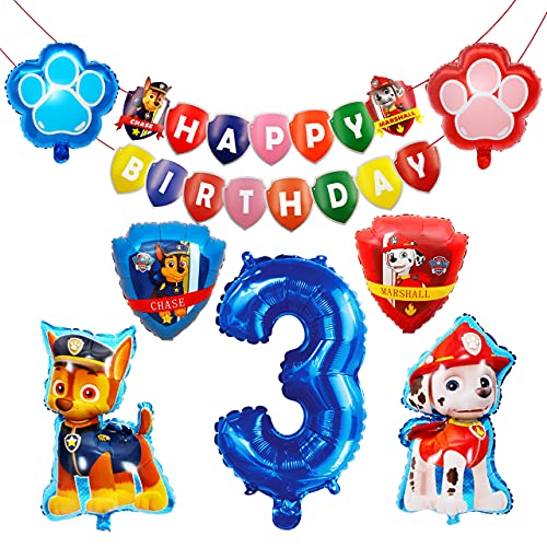 HONGECB Globos de Patrulla Canina, Suministros de fiesta de Patrulla Canina, Banner de Happy Birthday, Numeros 3 Decoracion, Perros Foil Helio Balloons for Kids Gift Fiesta, 9 Piezas