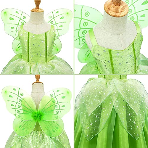 IDOPIP Disfraz de Campanilla para Niña Vestido deTutú de Princesa Hada con Alas de Hada de Mariposa para Halloween Carnaval Cosplay Fiesta de Cumpleaños Verde 01 6-7 años