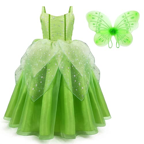 IDOPIP Disfraz de Campanilla para Niña Vestido deTutú de Princesa Hada con Alas de Hada de Mariposa para Halloween Carnaval Cosplay Fiesta de Cumpleaños Verde 01 6-7 años