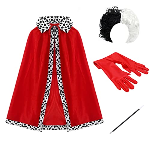 IWEMEK Cruella de Vil Disfraz 101 Dálmatas Vestido Capa Roja Cosplay Halloween Carnaval Fiesta de Cumpleaños Navidad Disfraz de Reina,Peluca ,Guantes,Titular de Cigarrillos Adulto 4 Piezas 140cm