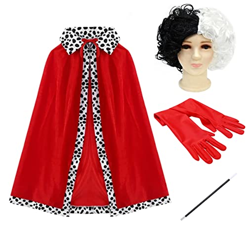 IWEMEK Cruella de Vil Disfraz 101 Dálmatas Vestido Capa Roja Cosplay Halloween Carnaval Fiesta de Cumpleaños Navidad Disfraz de Reina,Peluca ,Guantes,Titular de Cigarrillos Adulto 4 Piezas 140cm