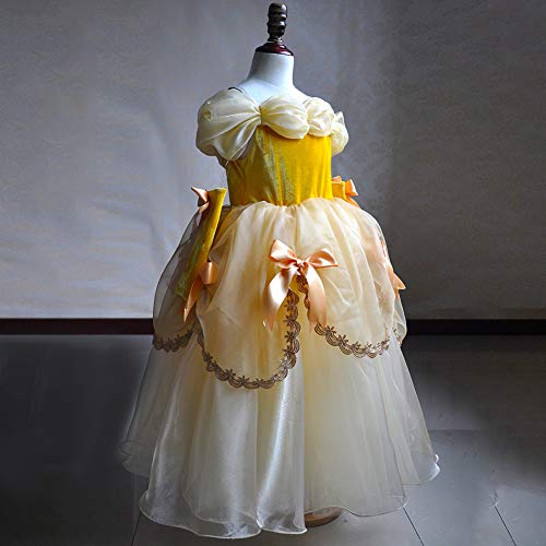 IWEMEK Niñas Bella y la Bestia Vestido de Carnaval Disfraz de Princesa Belle Fuera del Hombro Vestir Traje de Halloween Navidad Cumpleaños Pageant Comunión Fiesta Cosplay Amarillo 6-7 Años