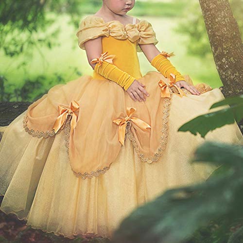 IWEMEK Niñas Bella y la Bestia Vestido de Carnaval Disfraz de Princesa Belle Fuera del Hombro Vestir Traje de Halloween Navidad Cumpleaños Pageant Comunión Fiesta Cosplay Amarillo 6-7 Años