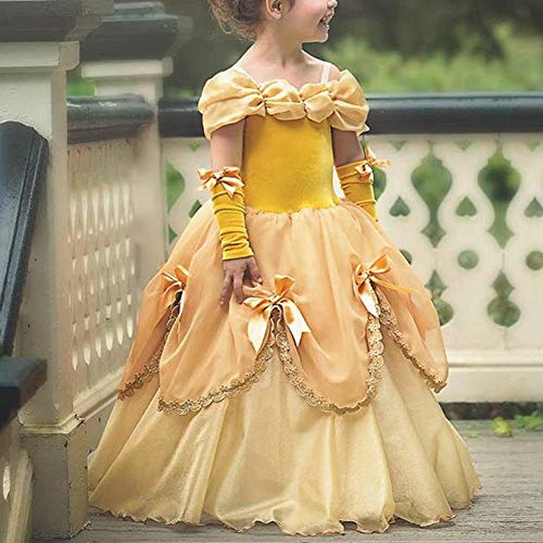 IWEMEK Niñas Bella y la Bestia Vestido de Carnaval Disfraz de Princesa Belle Fuera del Hombro Vestir Traje de Halloween Navidad Cumpleaños Pageant Comunión Fiesta Cosplay Amarillo 6-7 Años