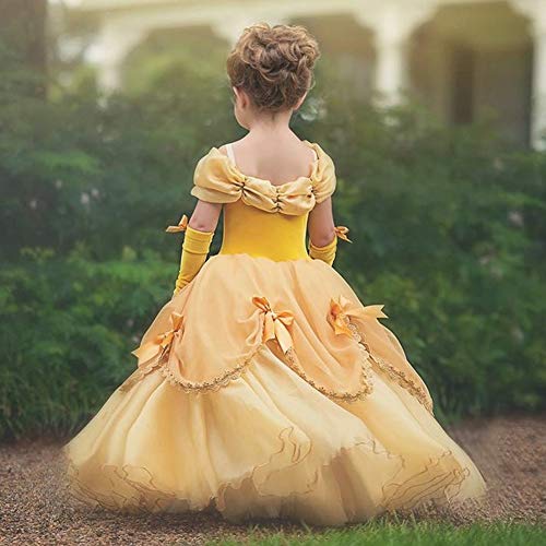 IWEMEK Niñas Bella y la Bestia Vestido de Carnaval Disfraz de Princesa Belle Fuera del Hombro Vestir Traje de Halloween Navidad Cumpleaños Pageant Comunión Fiesta Cosplay Amarillo 6-7 Años