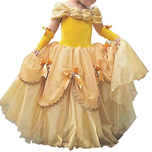 IWEMEK Niñas Bella y la Bestia Vestido de Carnaval Disfraz de Princesa Belle Fuera del Hombro Vestir Traje de Halloween Navidad Cumpleaños Pageant Comunión Fiesta Cosplay Amarillo 6-7 Años