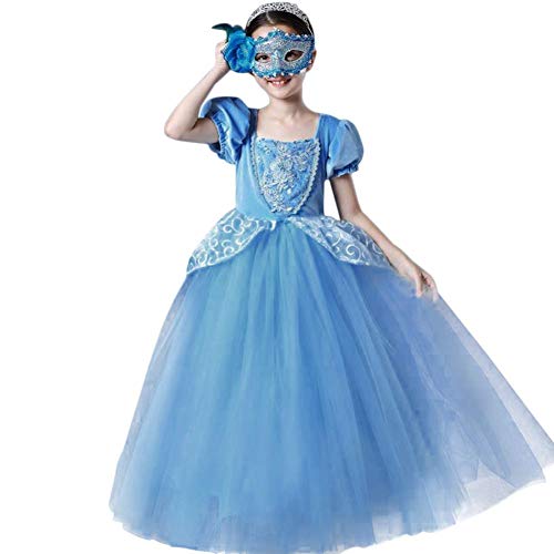 IWEMEK Niñas Cenicienta Disfraz Cinderella Vestido Carnaval Traje de Princesa Disfraces Halloween Navidad Fiesta Cumpleaños Ceremonia Cosplay Costume Theme Fancy Dress Azul 5-6 años